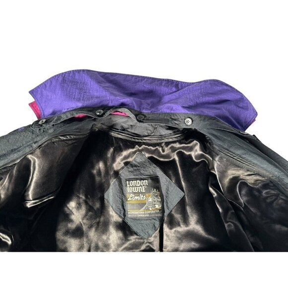 VTG 80s London Towne Limits Womens Sz 12 Black Purple Color Block Trench Coat - Picture 9 of 11